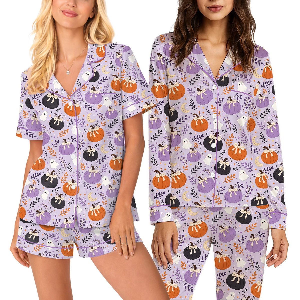 Detailed front view of the halloween pajama set showing orange and black pumpkins