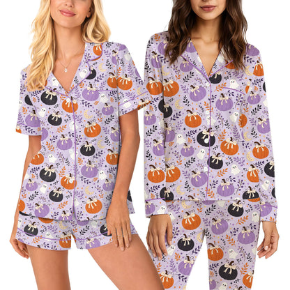 Detailed front view of the halloween pajama set showing orange and black pumpkins