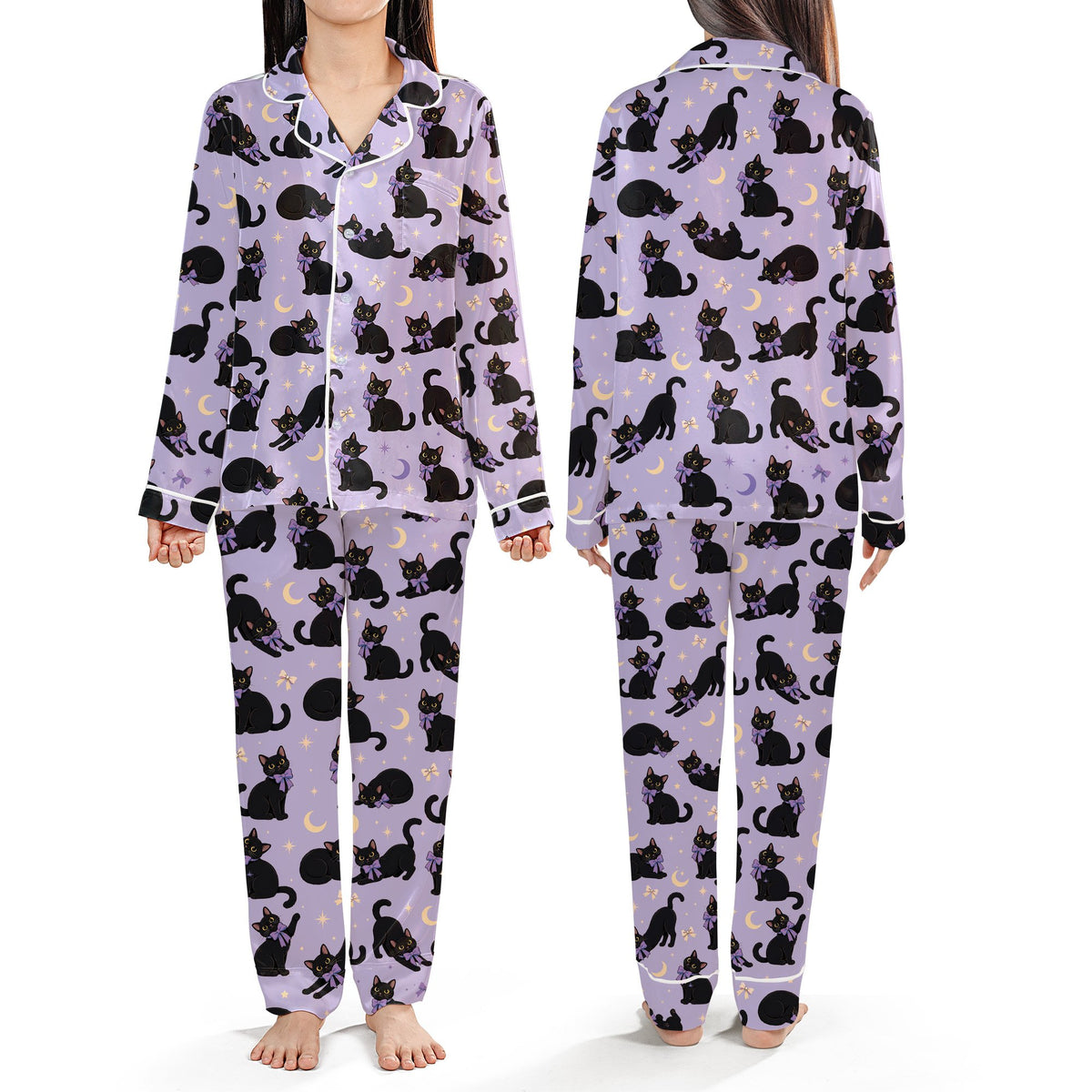 Close-up front view of the cats and crescent moons pattern on the pajama set