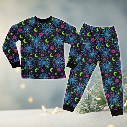 Close up front view of the colorful neon Halloween pajama material
