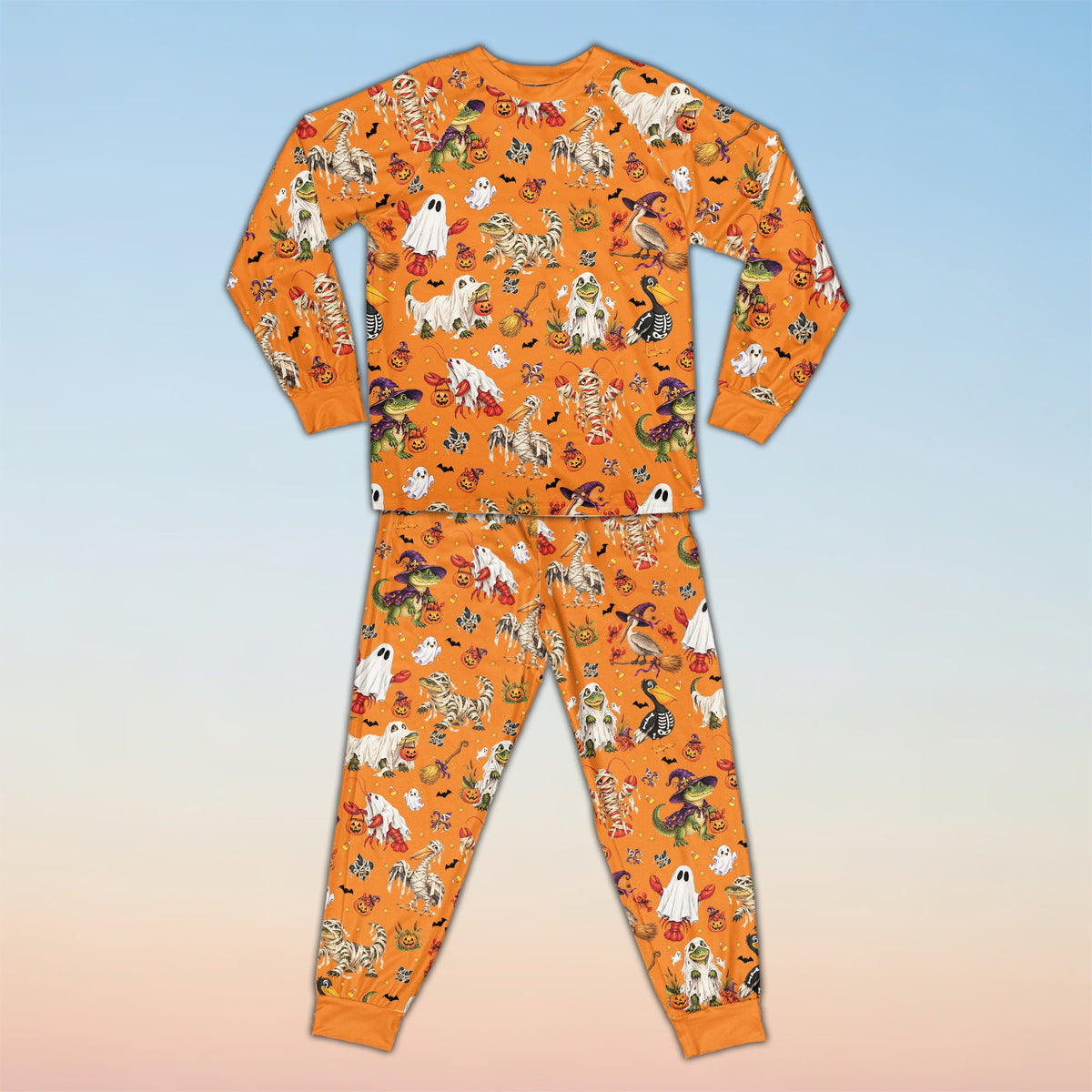 Front view of the custom name and number Halloween pajama top