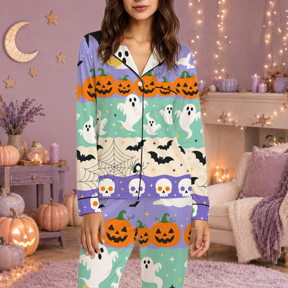 Close-up lifestyle view of the Halloween pajama set pattern