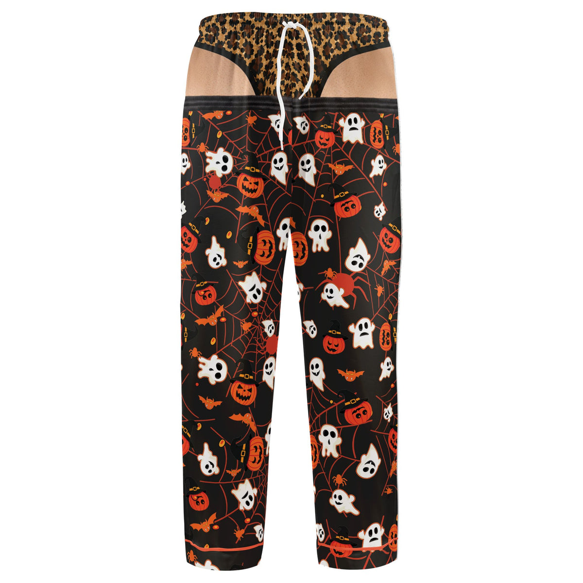 Front view of adult Halloween pajama set with illusion thong design and spooky pattern