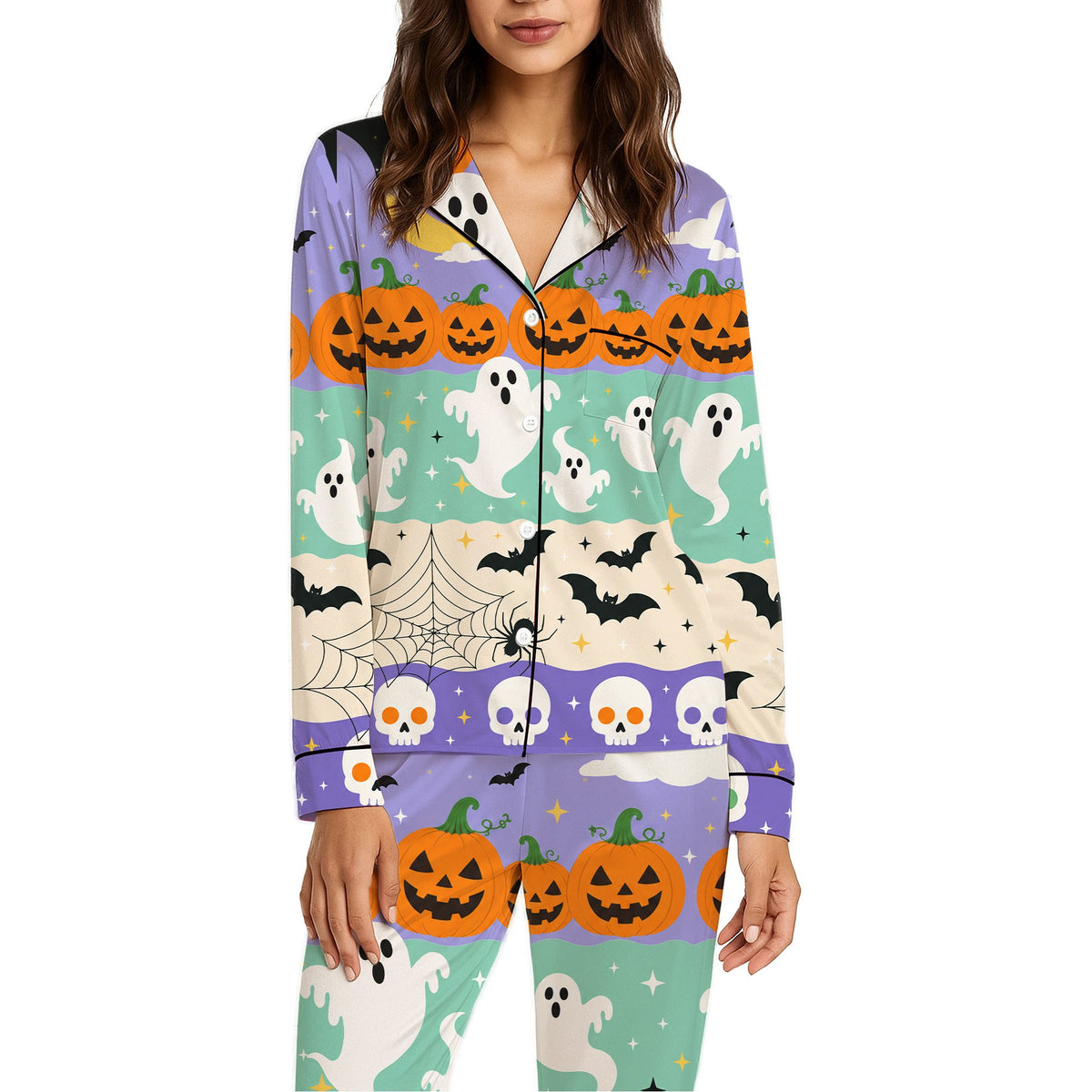 Main view of the Halloween pajama set featuring striped jack-o'-lanterns and ghosts motifs