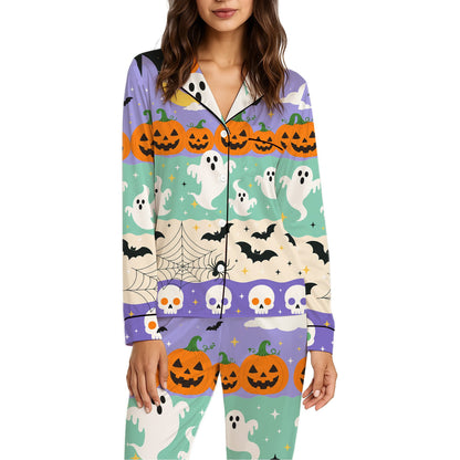 Main view of the Halloween pajama set featuring striped jack-o'-lanterns and ghosts motifs