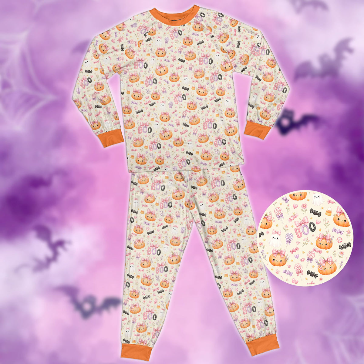 Cute halloween pajama set featuring smiling pumpkins and ghosts, cream and orange, main view
