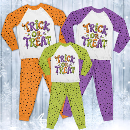 Matching family halloween pajama set with Trick or Treat design, main view