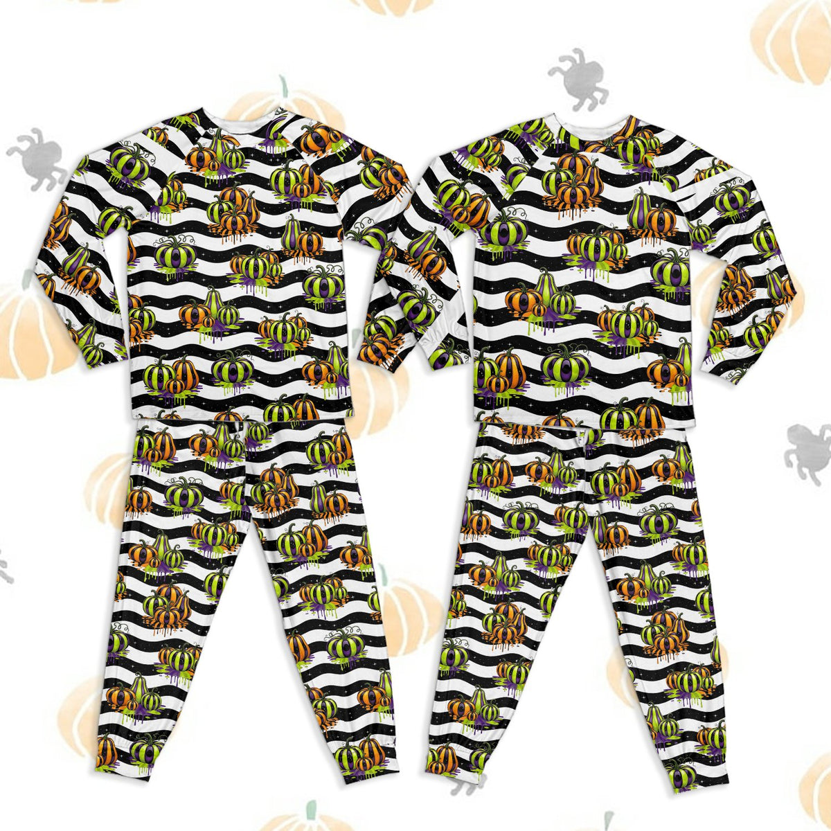 Front view of the halloween pajama set showing the neon green, orange, and purple pumpkins