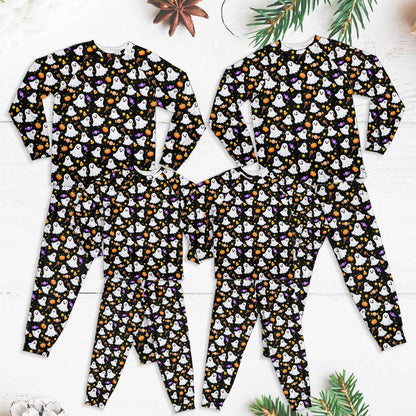 Matching family halloween pajama set with ghosts, pumpkins, and candy pattern, main view
