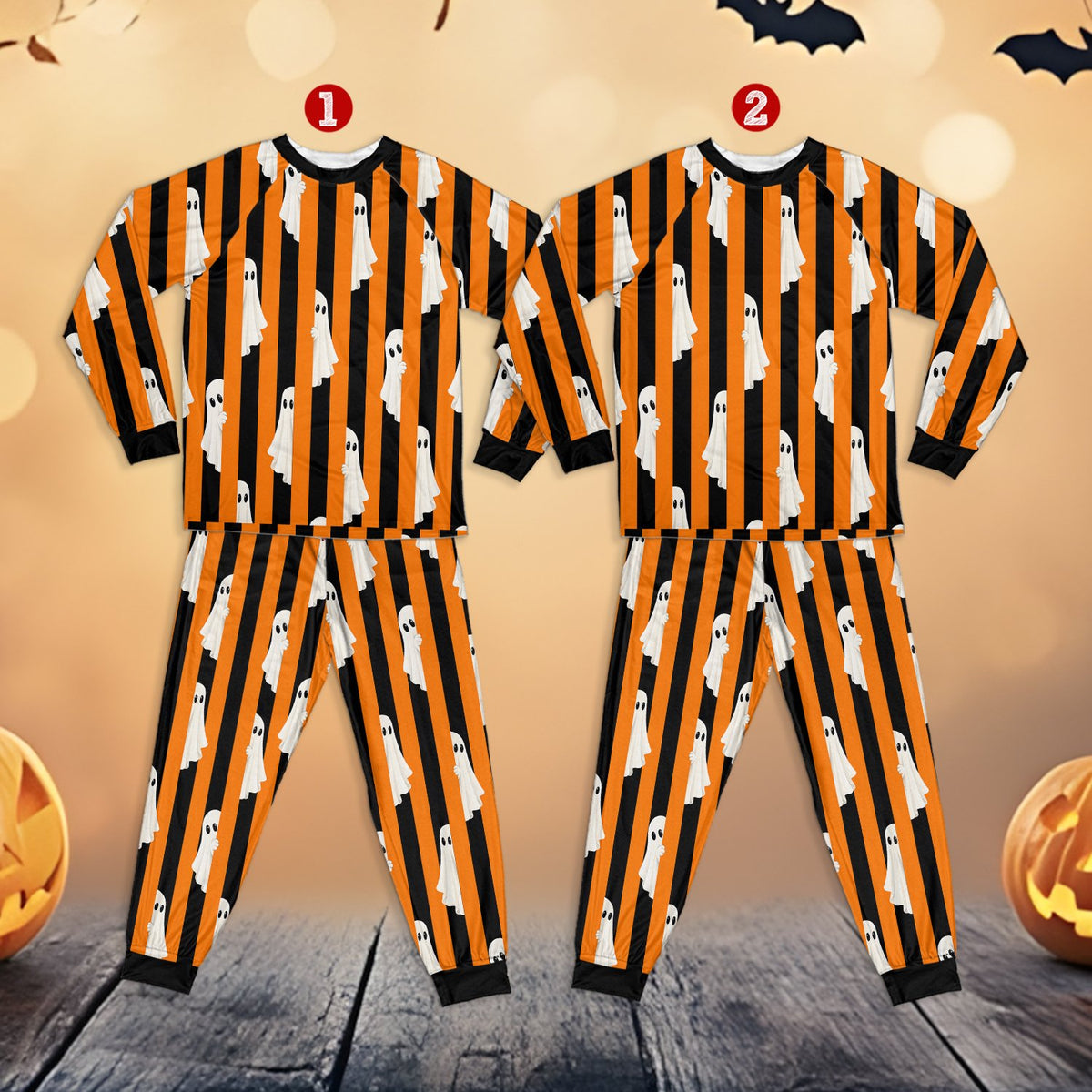 Halloween pajama set featuring white ghosts on orange and black stripes