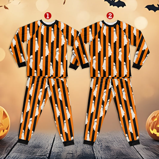 Halloween pajama set featuring white ghosts on orange and black stripes