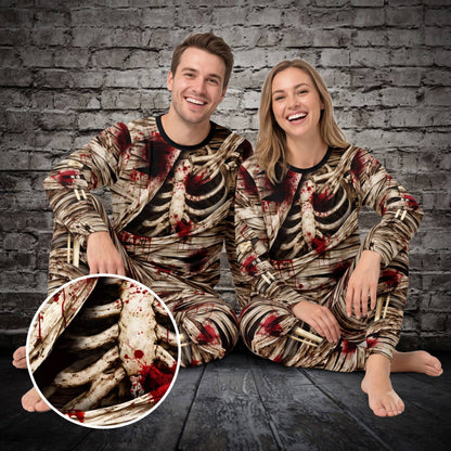 Lifestyle view of the matching pajamas for family featuring a spooky mummy design