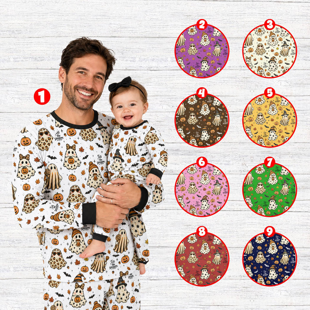 Lifestyle view of the family wearing matching halloween pajamas