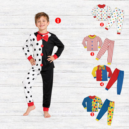 Family wearing matching halloween pajama sets in a lifestyle setting