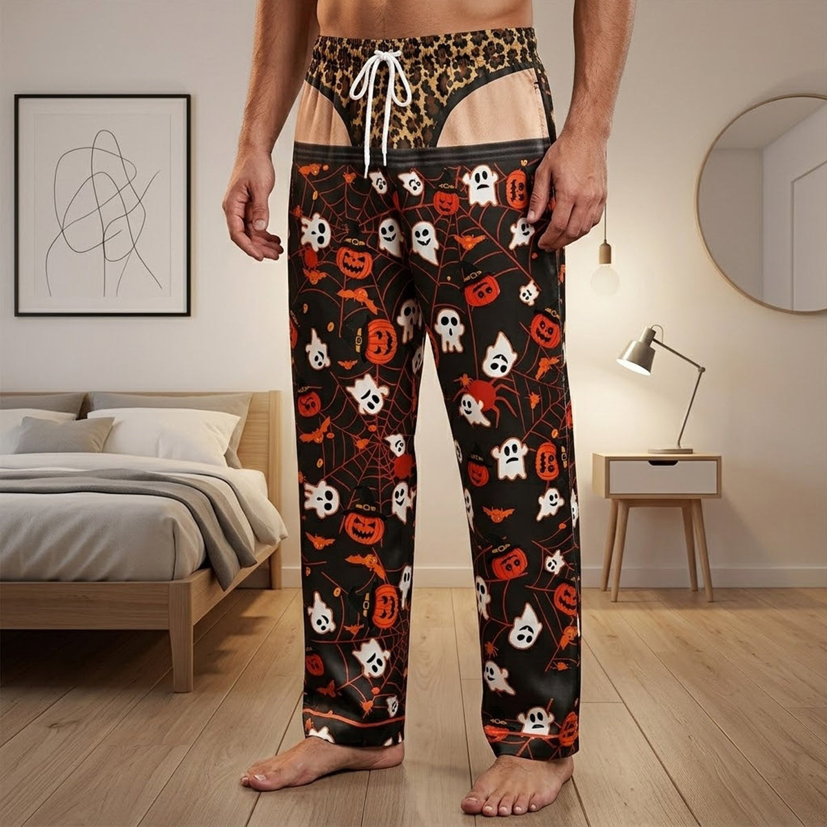Close up lifestyle view of the optical illusion thong detail on the Halloween pajama set