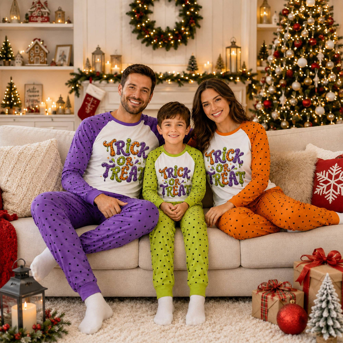 Group lifestyle view in Trick or Treat matching family pajamas