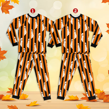 Close up of family pajamas matching with orange and black stripes
