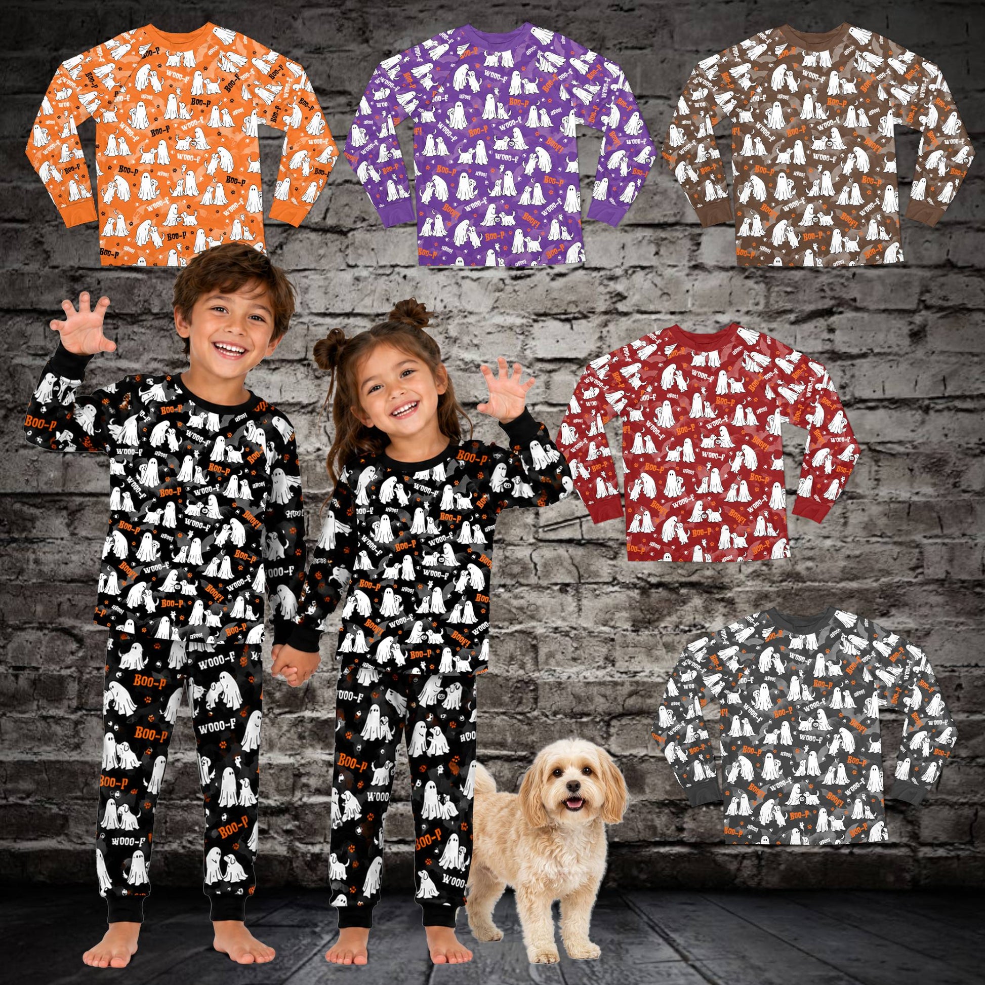 Family wearing multicolor dog ghost Halloween matching pajama sets in a lifestyle setting