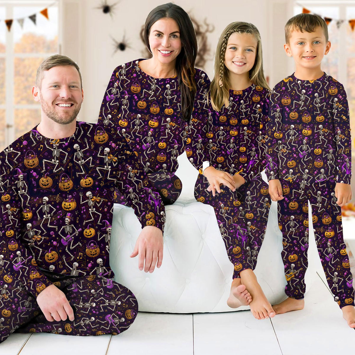 Third lifestyle view highlighting the comfort of the musical skeleton pajama set