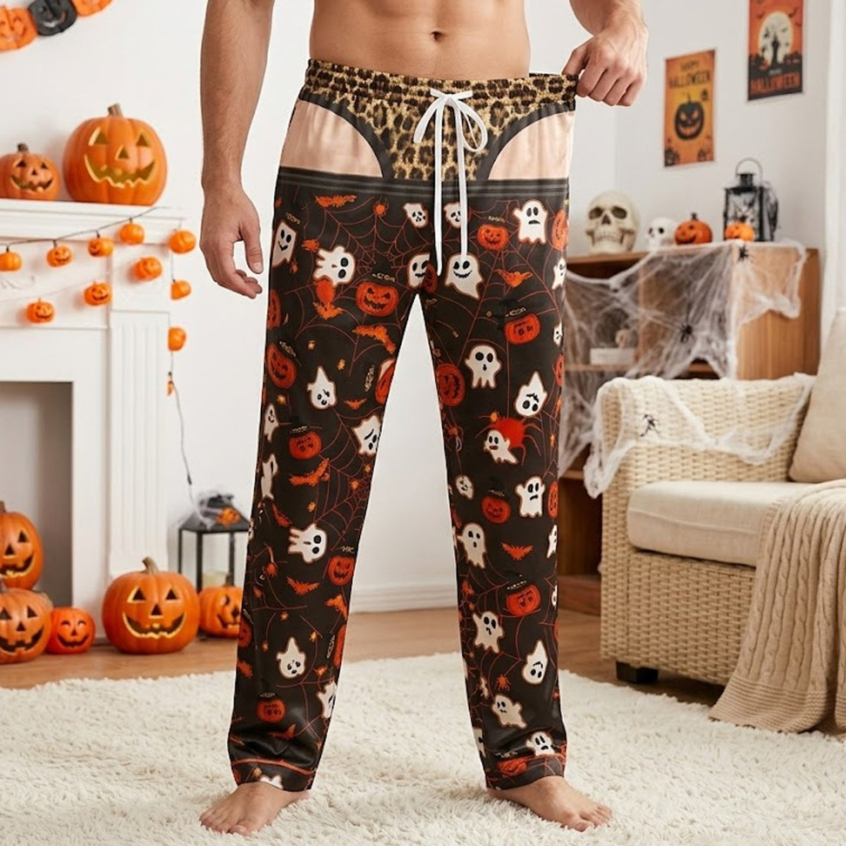 Adult posing in the quirky Halloween pajama set