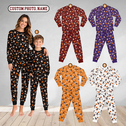 Lifestyle view of people wearing the multicolor matching family holiday pajamas