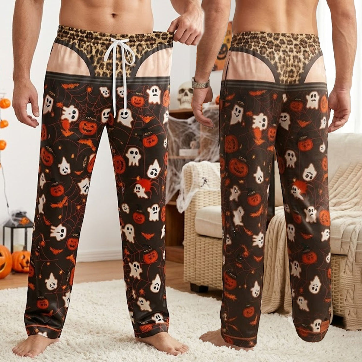 Lifestyle shot of the adult Halloween pajama set showing the lower leg pattern