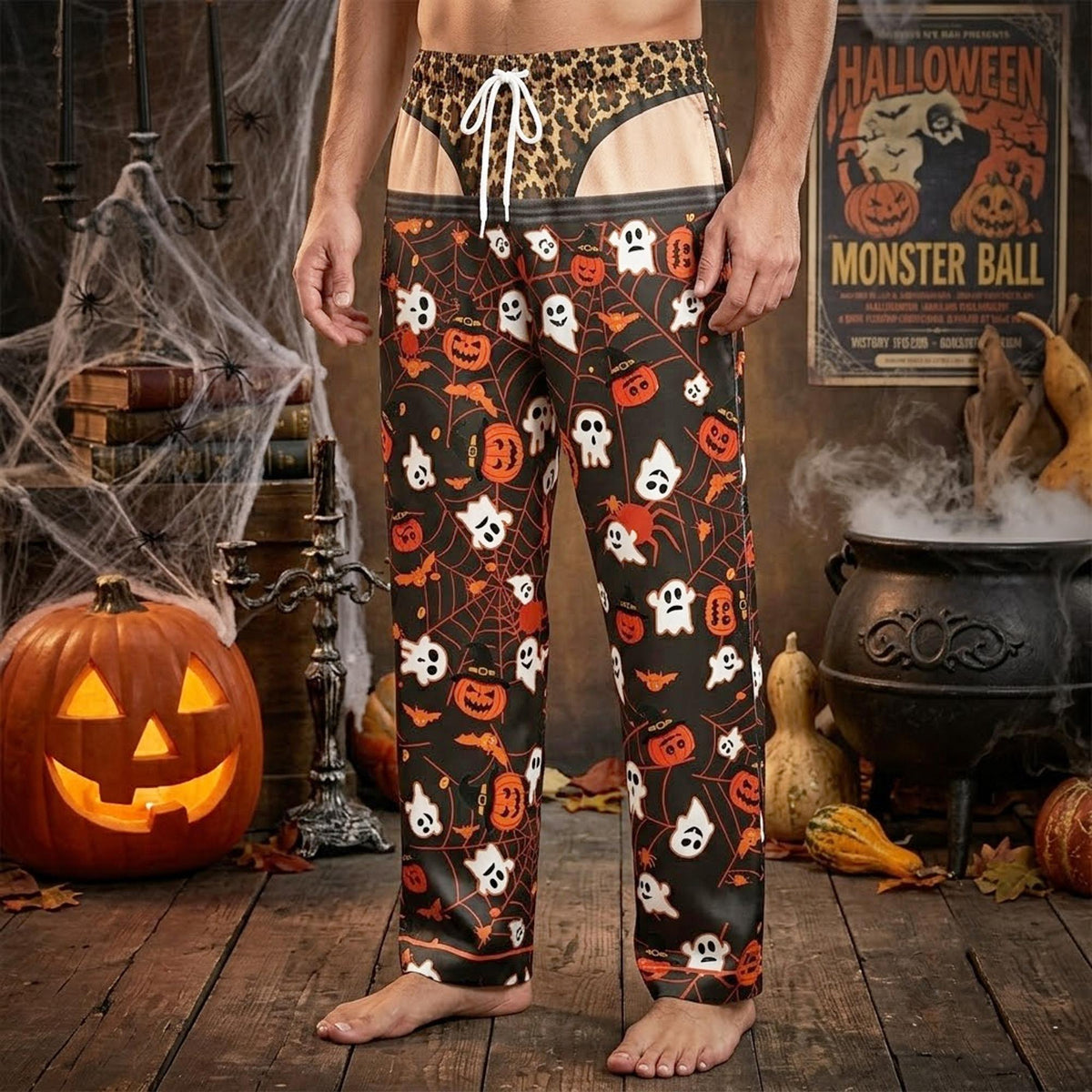 Adult standing wearing the Halloween pajama set