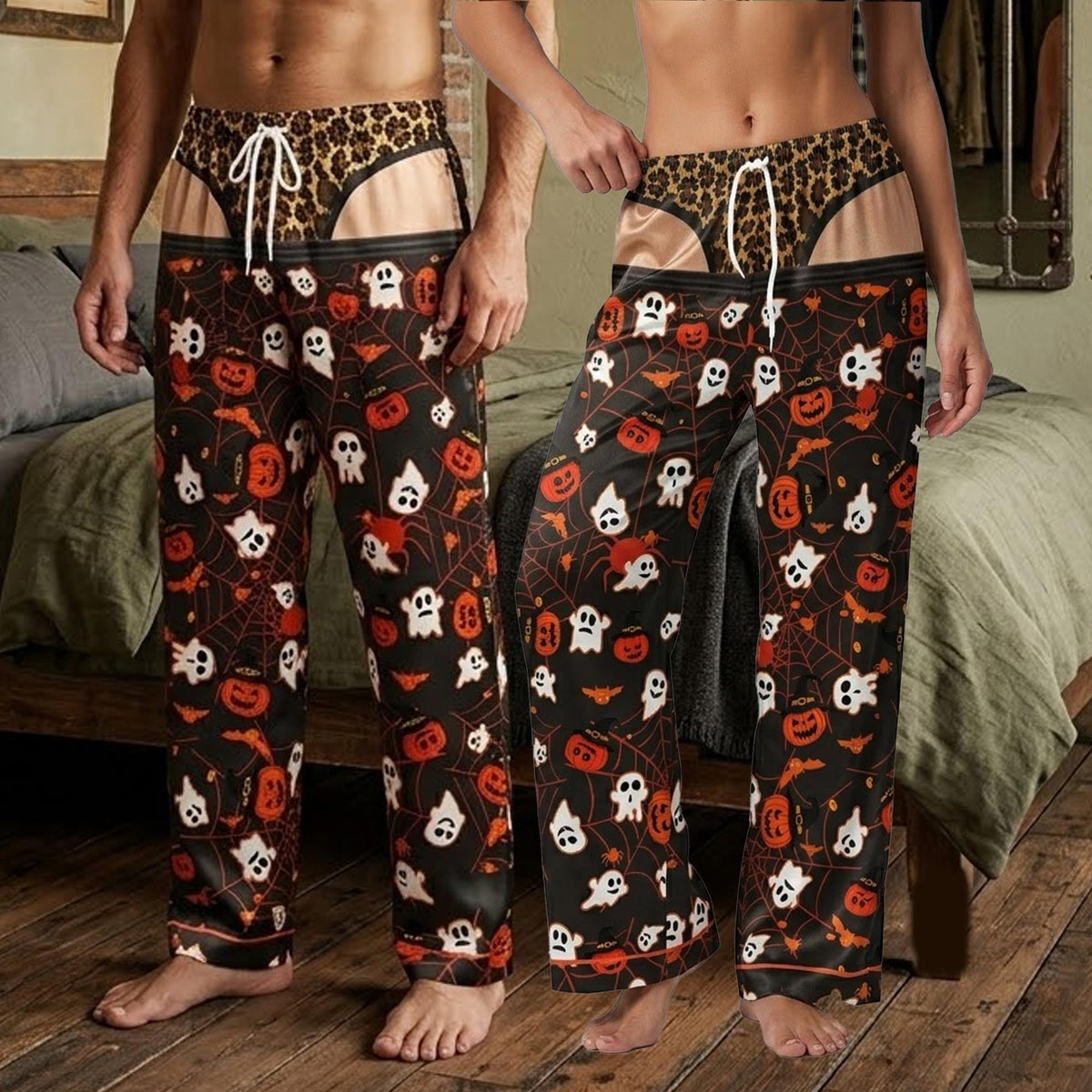 Casual lifestyle pose wearing the Halloween pajama set