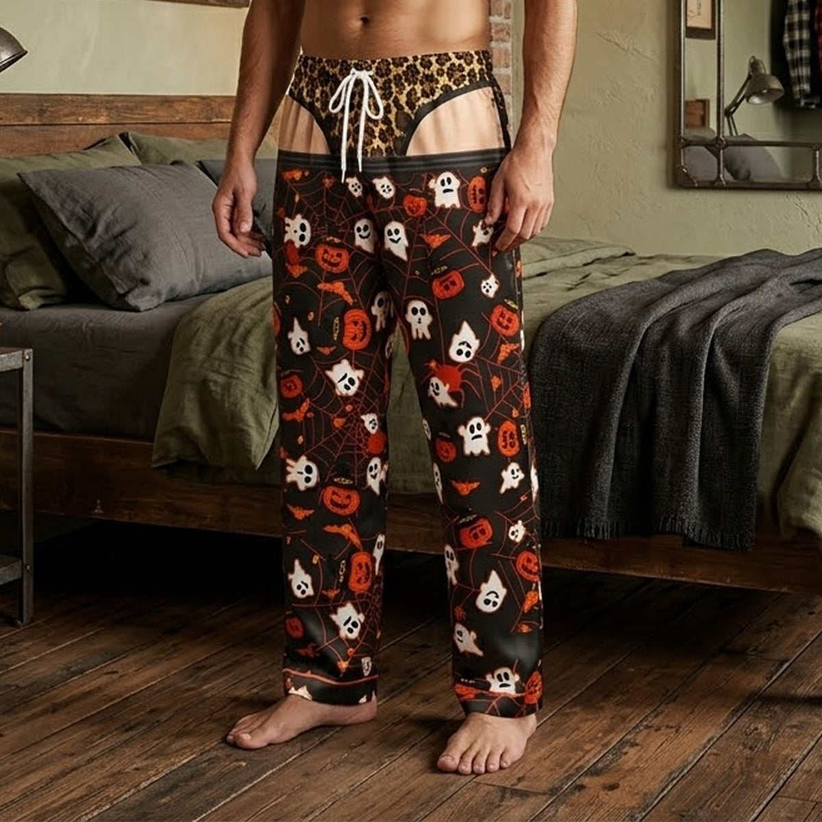 Adult wearing Halloween pajama set lounging indoors