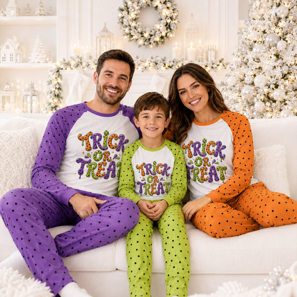 Family wearing matching Halloween pajamas in a lifestyle setting