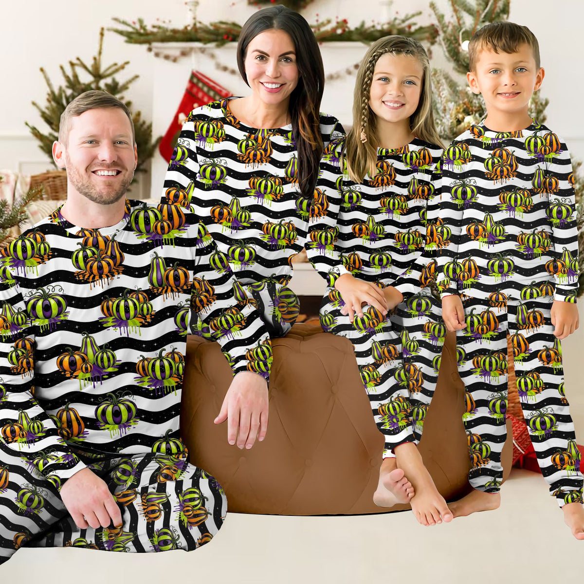 Lifestyle view of a family wearing the matching pajamas for family