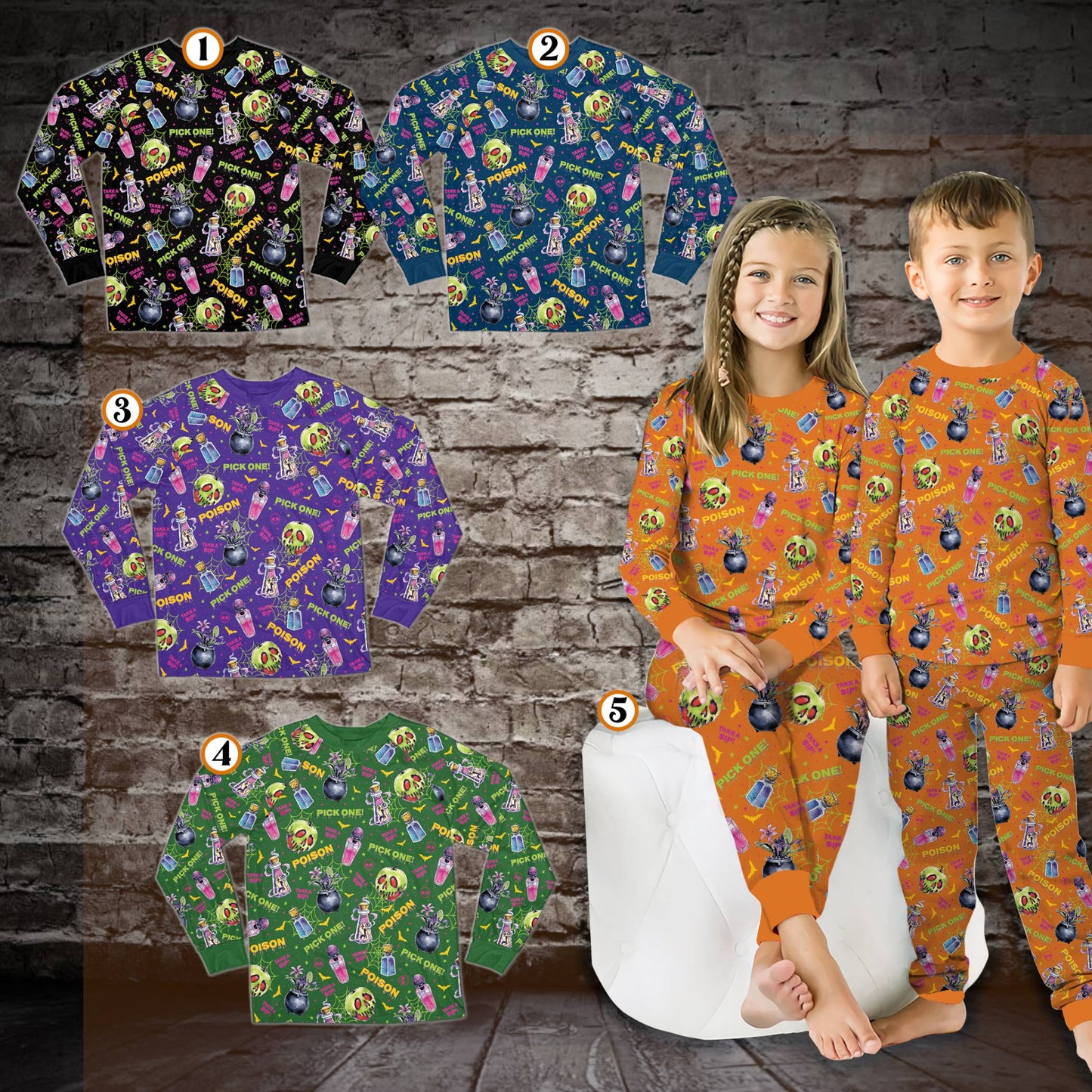 Close up view of the Halloween potion and skull design on the pajama set