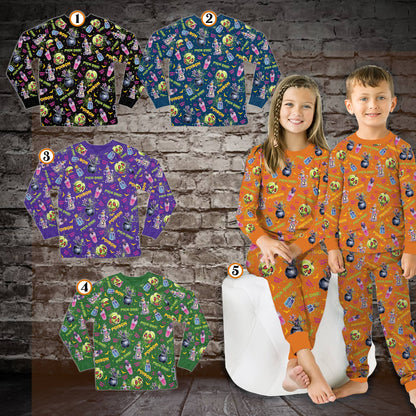 Close up view of the Halloween potion and skull design on the pajama set