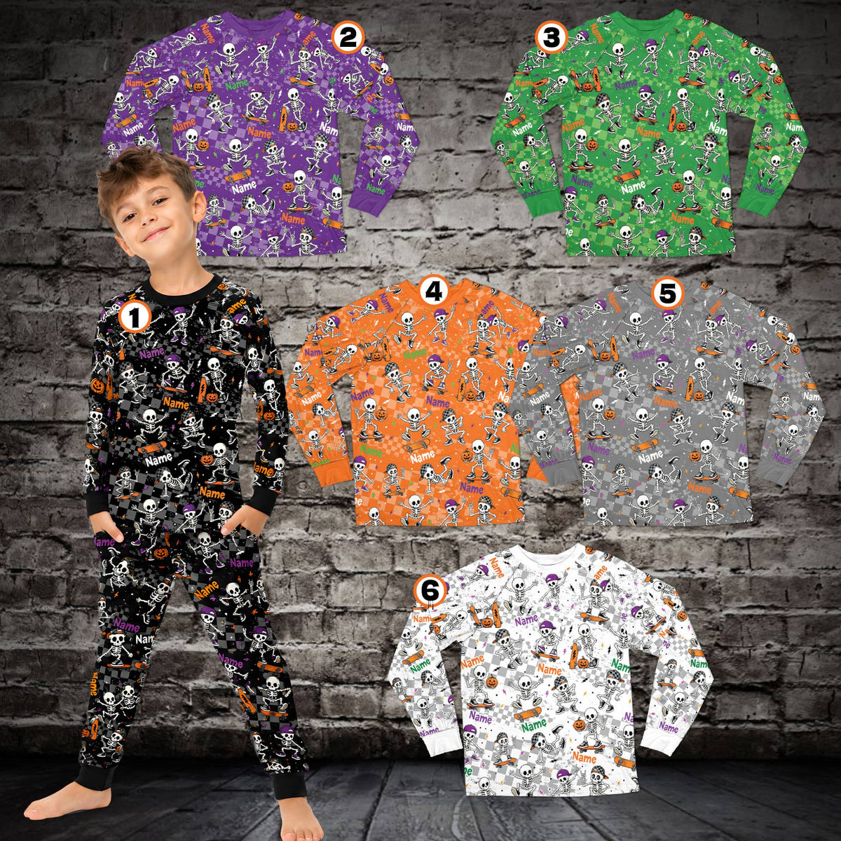 Detail view of the skateboard skeleton and checkered pattern on the matching family pajamas.