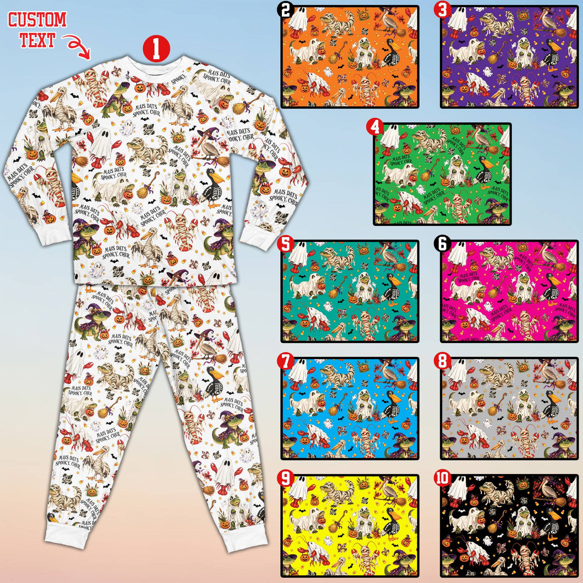 Alternate view of the matching family pajamas showcasing the spooky bayou design elements
