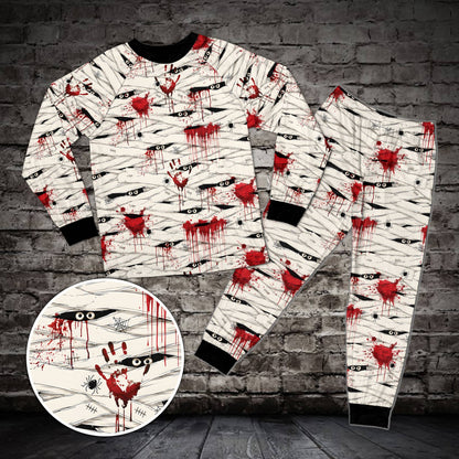 Halloween mummy pajama set with bloody handprints and spider webs, front view