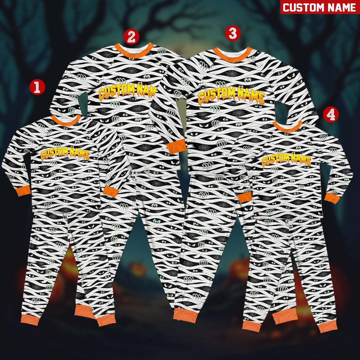Detailed front view of the mummy bandage pajama set with dripping text