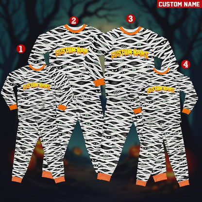 Detailed front view of the mummy bandage pajama set with dripping text