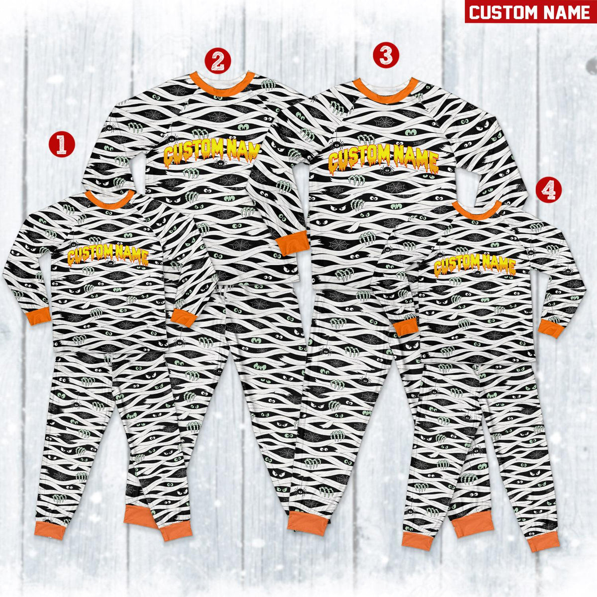 Main view of the personalized halloween mummy pajama set featuring custom name