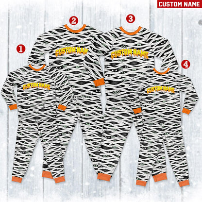Main view of the personalized halloween mummy pajama set featuring custom name