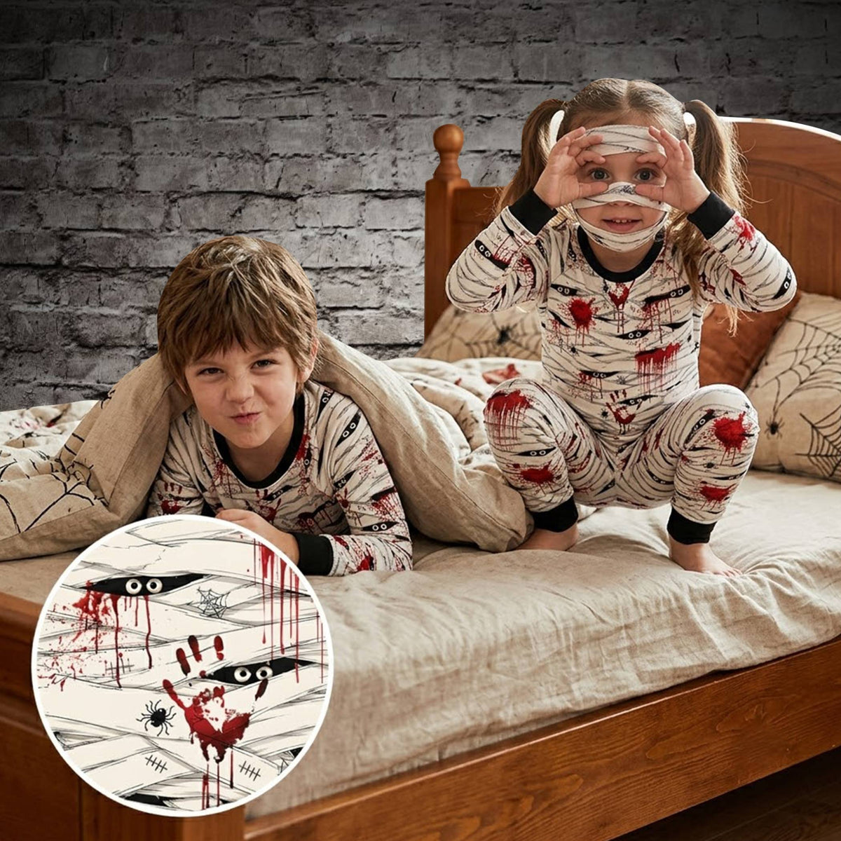 Family wearing matching holiday pajamas in a Halloween mummy design, lifestyle view