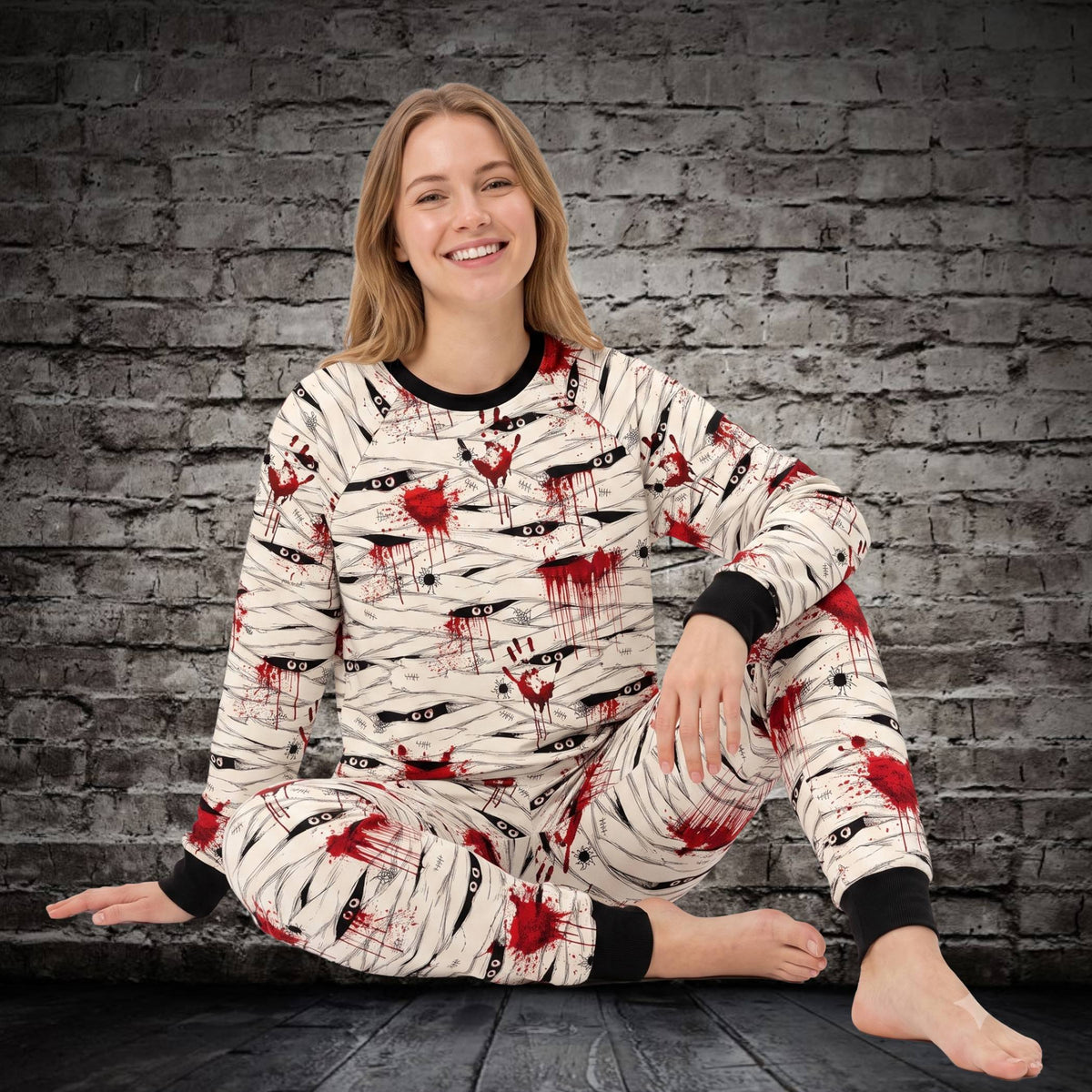 Lifestyle view of the Halloween mummy pajama set featuring mummy wrappings
