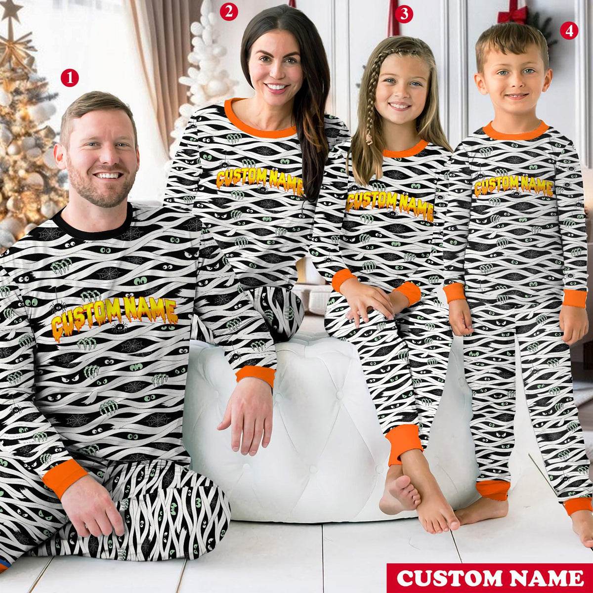 Second lifestyle view of family members in matching mummy pajamas