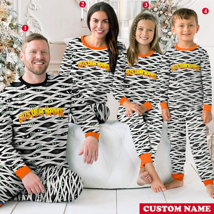 Third lifestyle view showing the fun mummy design on the family pajama sets