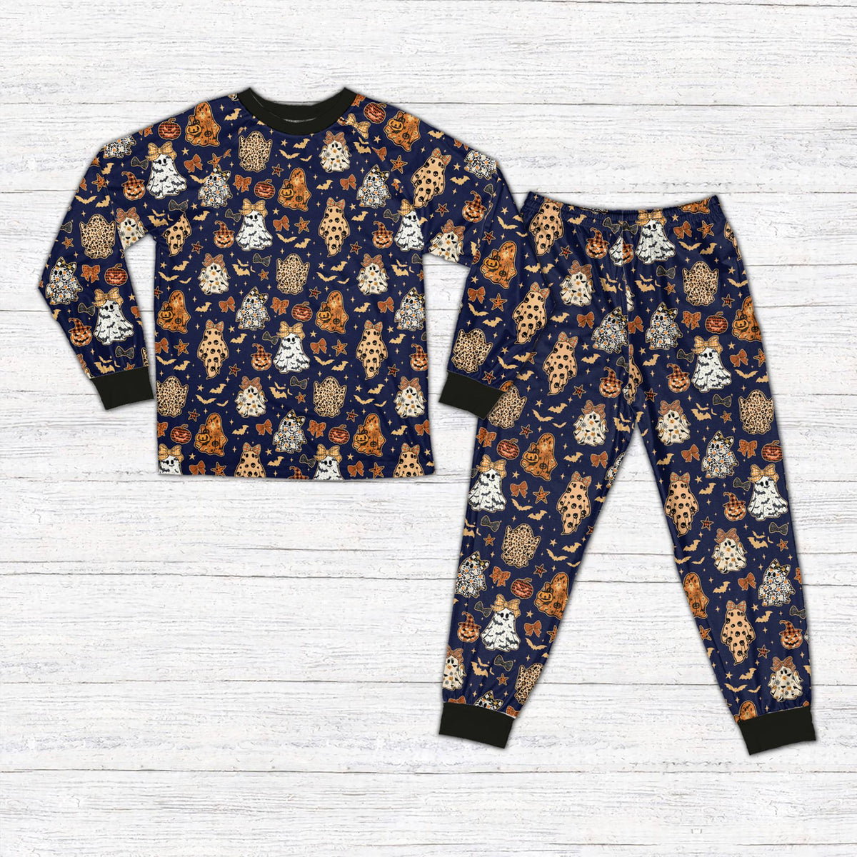 Navy blue halloween pajama set, front view