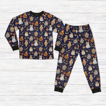 Navy blue Halloween pajama set with leopard ghosts, front view