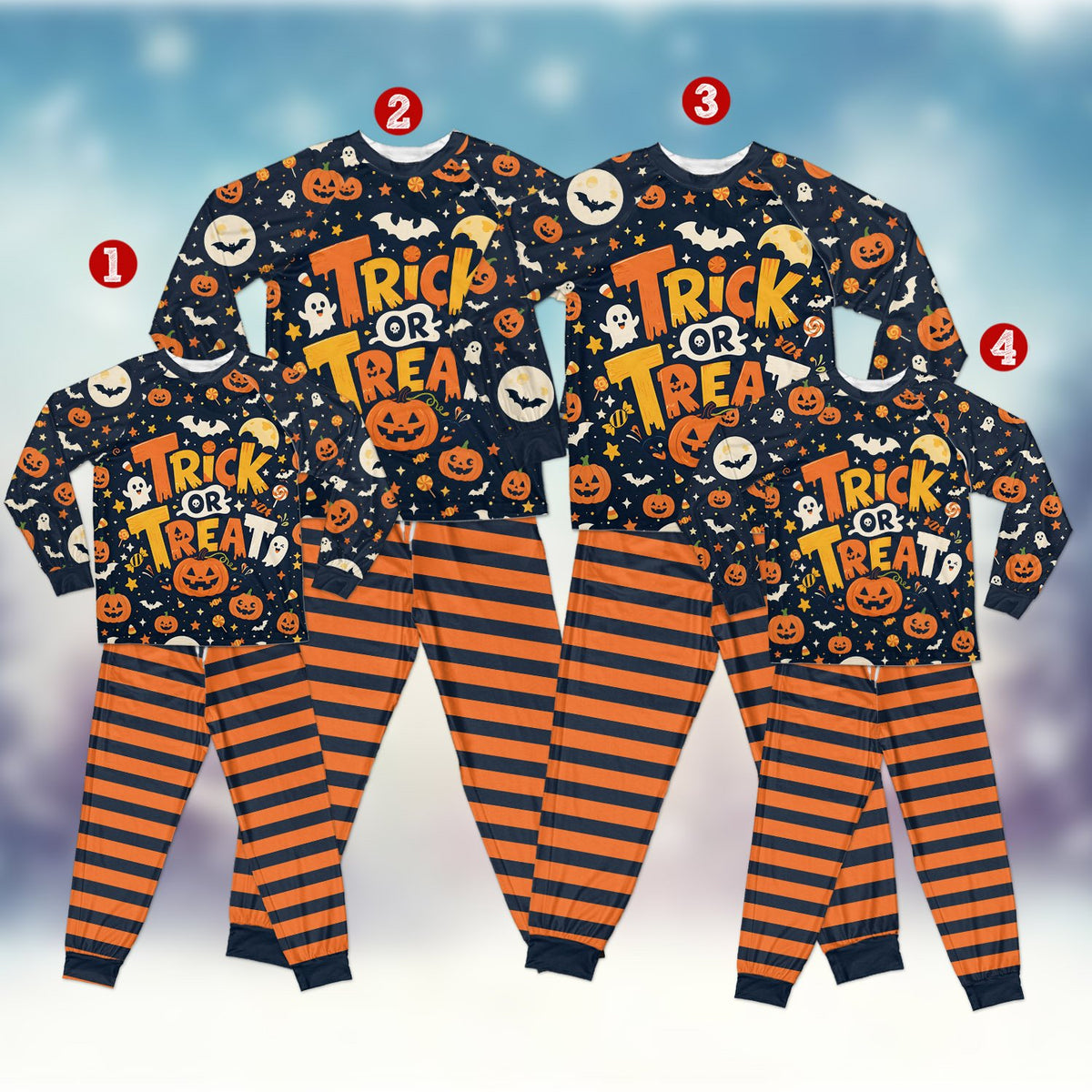 Detailed view of the trick or treat print and striped pants