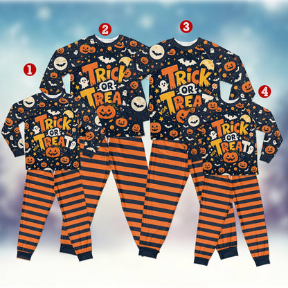 Detailed view of the trick or treat print and striped pants