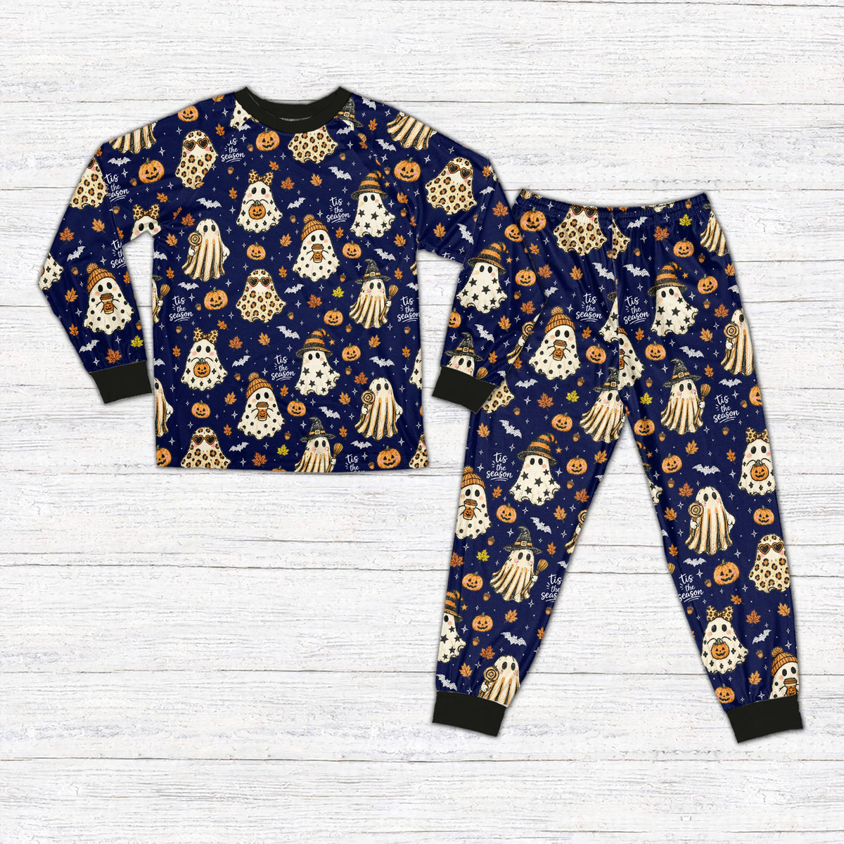 Navy version of the matching family holiday pajamas, front view