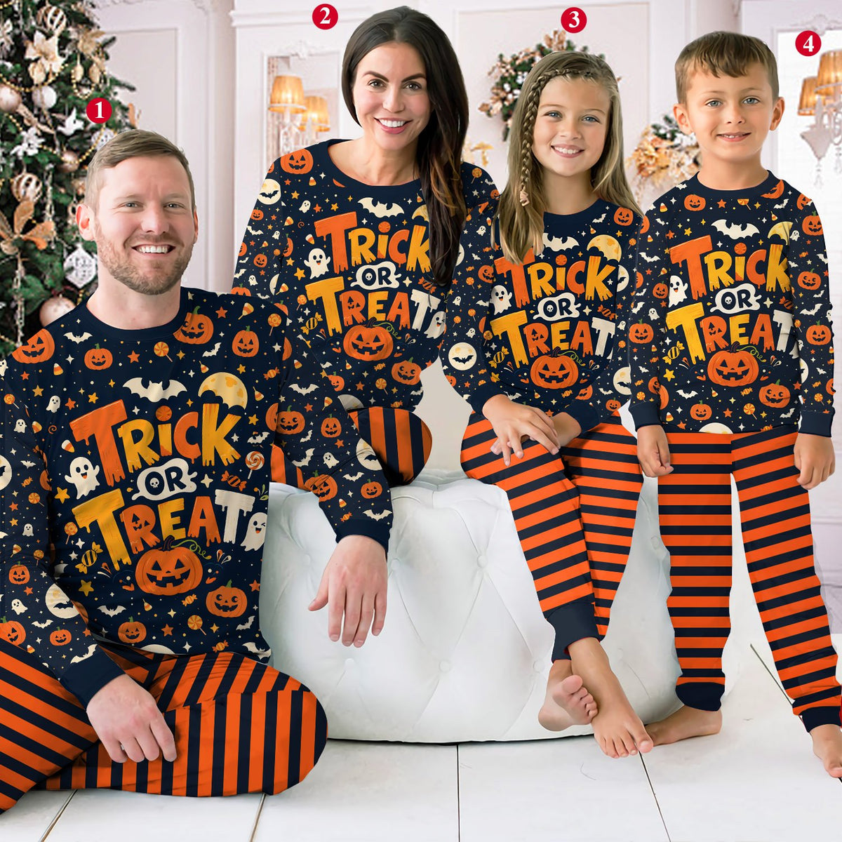 Lifestyle shot of the halloween pajamas on a family